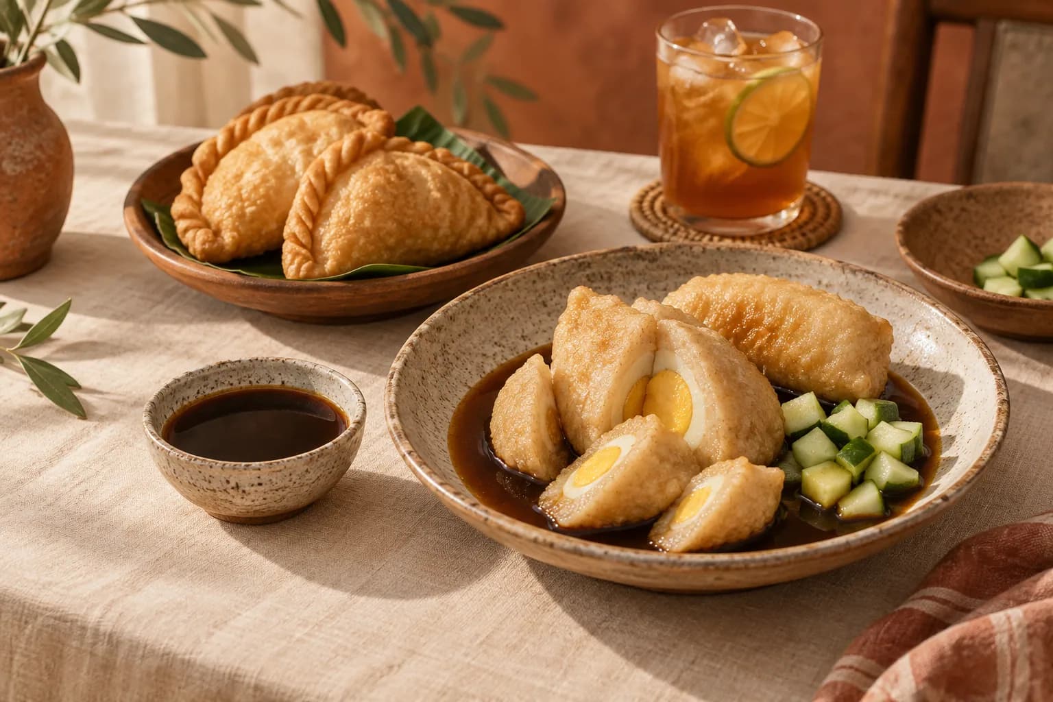 Pempek, pastel, dan es teh jeruk tersaji di meja Dapur Rona