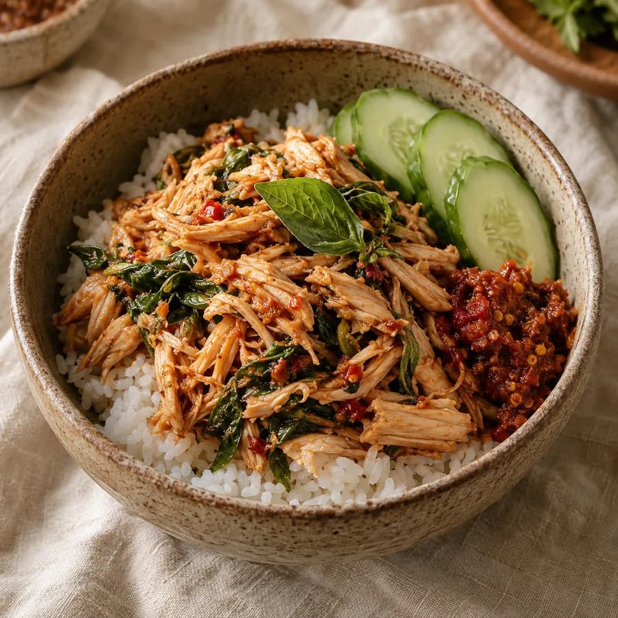 Nasi ayam suwir kemangi dengan sambal dan irisan timun