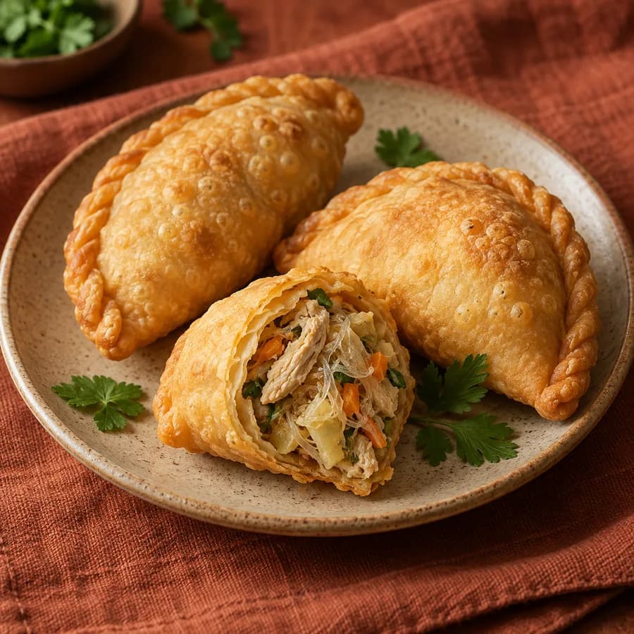 Pastel ayam renyah dengan satu pastel terbuka memperlihatkan isi