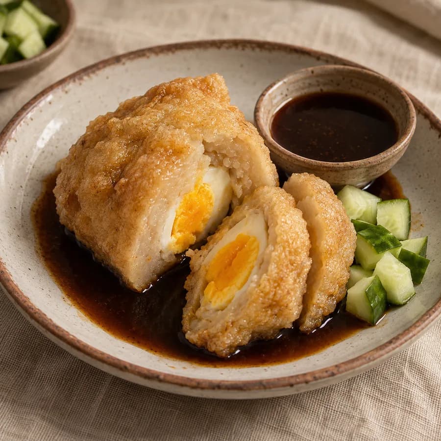 Pempek kapal selam dengan cuko dan potongan timun